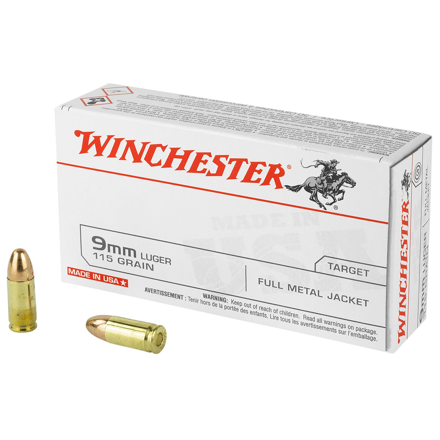 Winchester USA 9mm Luger 115 gr FMJ 50 Per Box HANDGUN AMMO