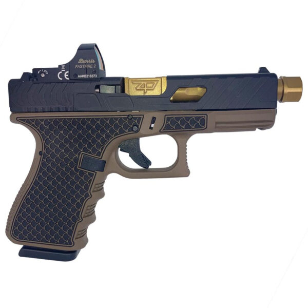 Glock 19 Gen 3 Custom “Tarpon FDE w/ Gold Barrel” 9mm, 4.6″ Barrel, Red Dot, 15rd