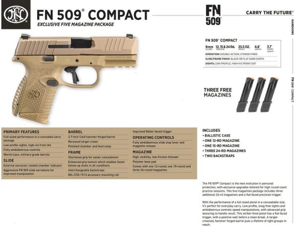 FN 509 Compact Flat Dark Earth 9mm 3.7" Barrel 24-Rounds 5 Mag Bundle
